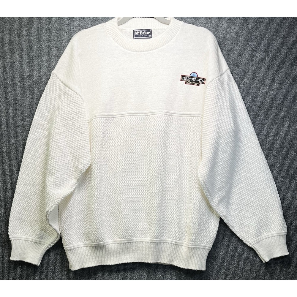 VTG McBriar Waffle Knit Sweater‎ White Mens XL USA Embroidered Thunder Mtn Logo